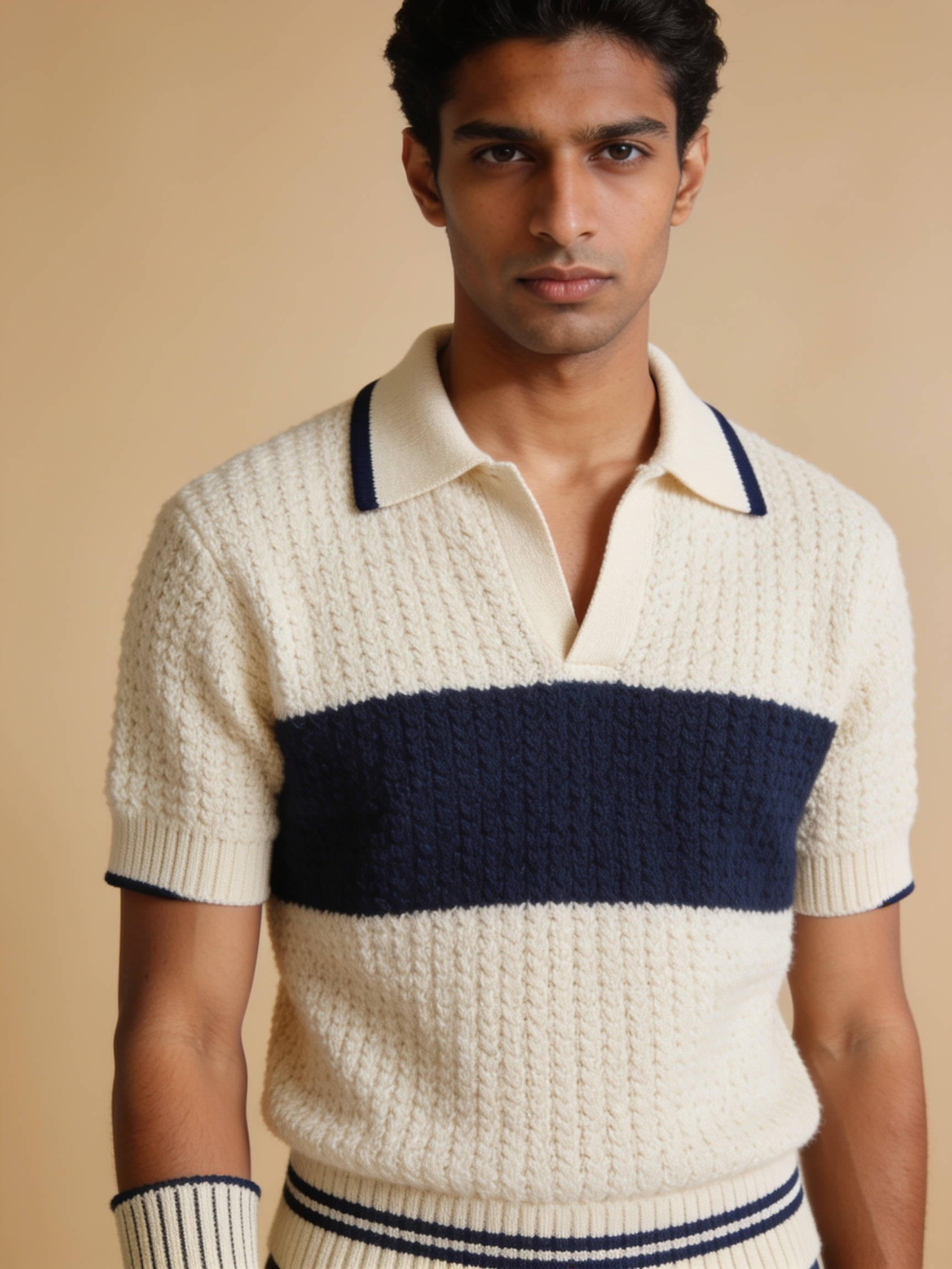 Model wearing The Pavilion textured knit polo in ecru with a deep navy chest band and navy-tipped collar and cuffs