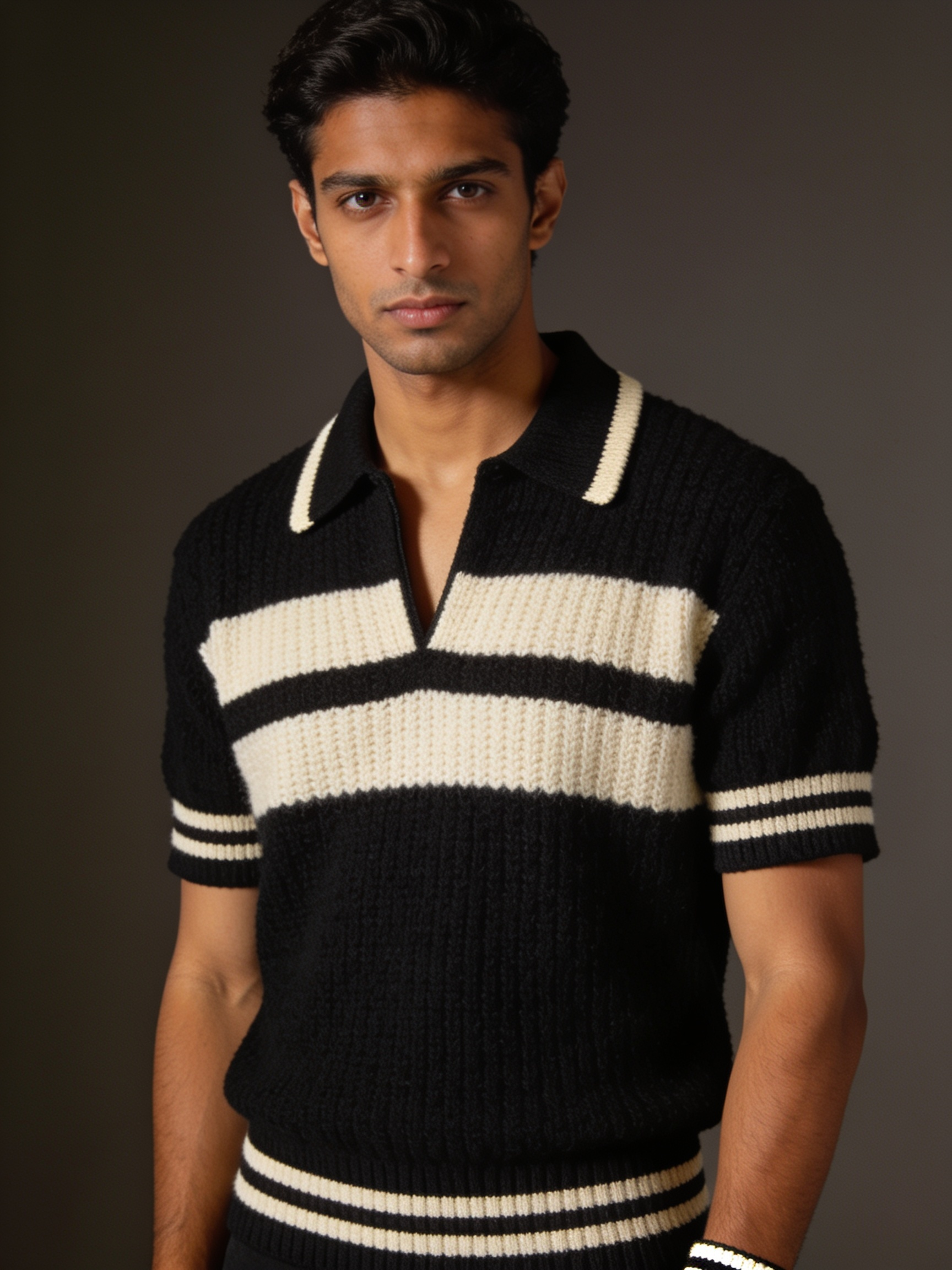 Model wearing The Interval textured knit polo in black with two ecru chest stripes and an ecru-tipped collar