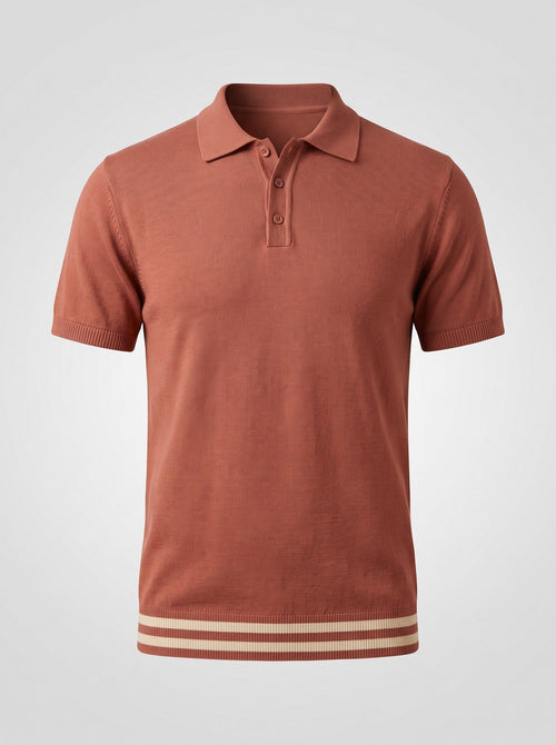 The Awning terracotta knit polo shown front on, banded cream and rust striped hem and three tonal buttons