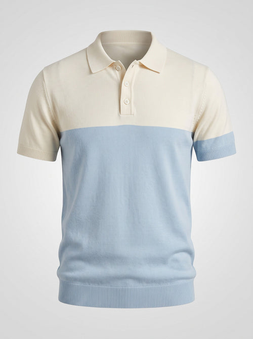 The Deck Chair knit polo shown front on, ecru yoke and sleeves above a pale blue body with blue ribbed cuffs