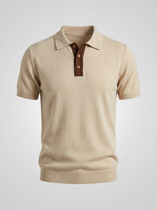 The Interval ecru knit polo shown front on, deep brown placket with three tan buttons