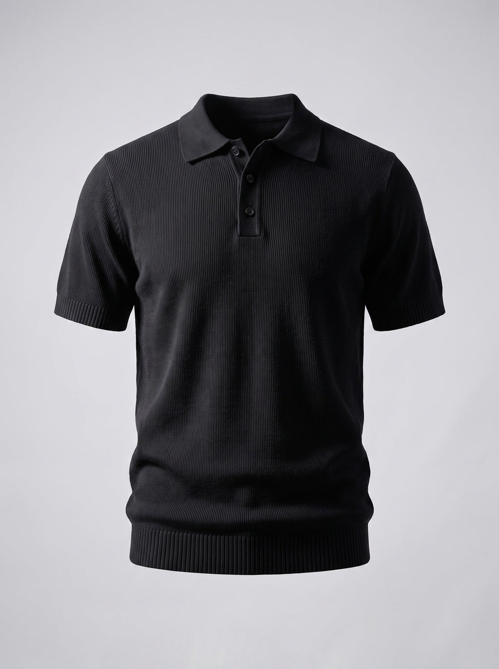 The Last Train black knit polo shown front on, three-button ribbed placket and ribbed collar, cuffs and hem