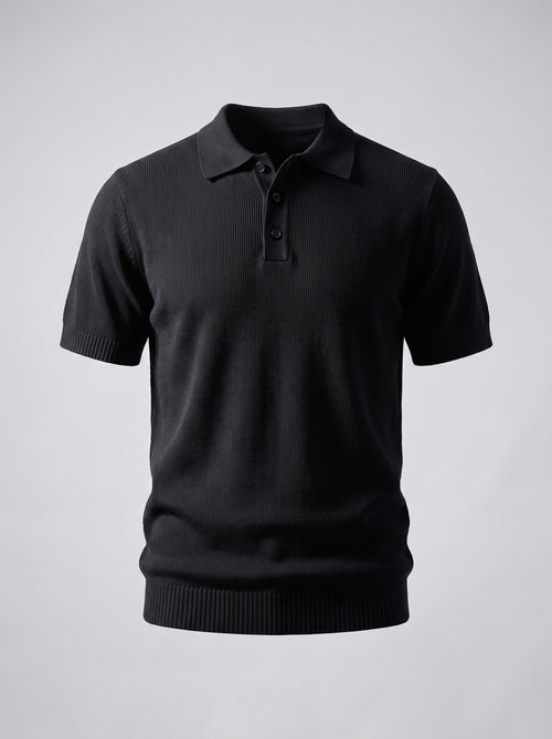 The Last Train black knit polo shown front on, three-button ribbed placket and ribbed collar, cuffs and hem