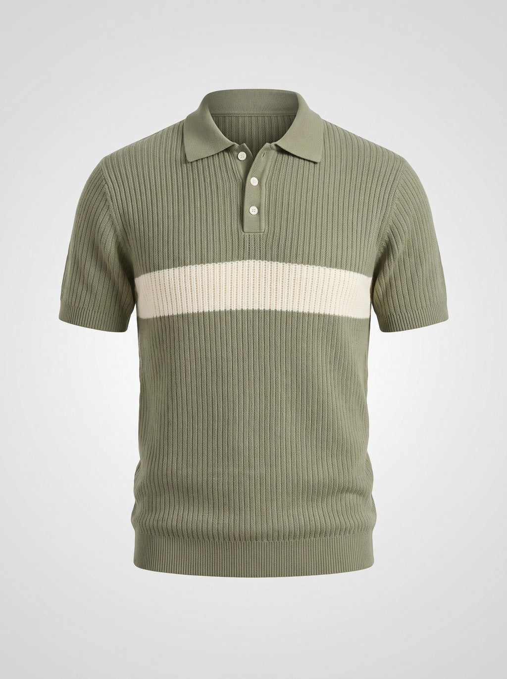 The Long Field olive ribbed knit polo shown front on, single wide ecru band across the chest