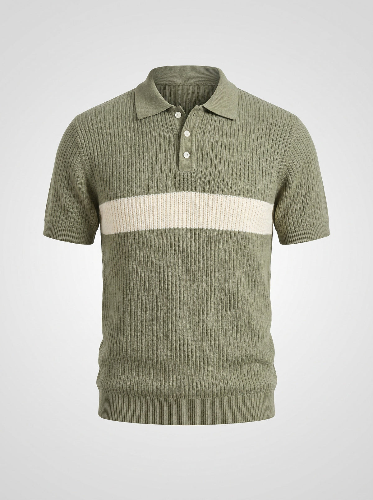 The Long Field olive ribbed knit polo shown front on, single wide ecru band across the chest