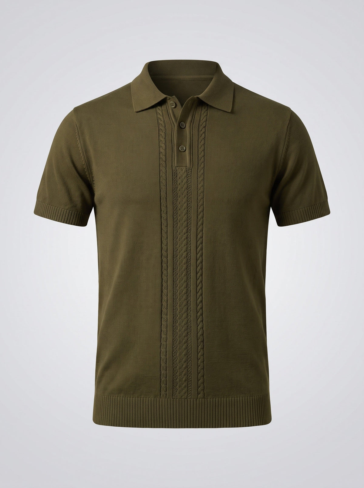 The Orchard olive knit polo shown front on, cable panel running from the collar to the hem