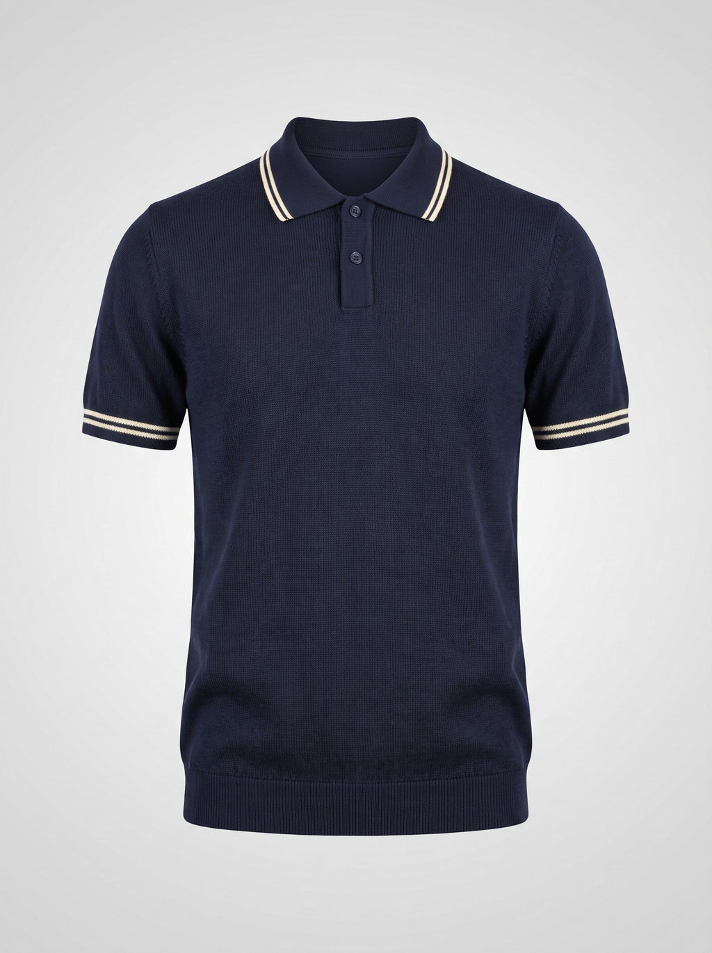 The Pavilion navy knit polo shown front on, twin ecru stripes along the collar and doubled at each cuff