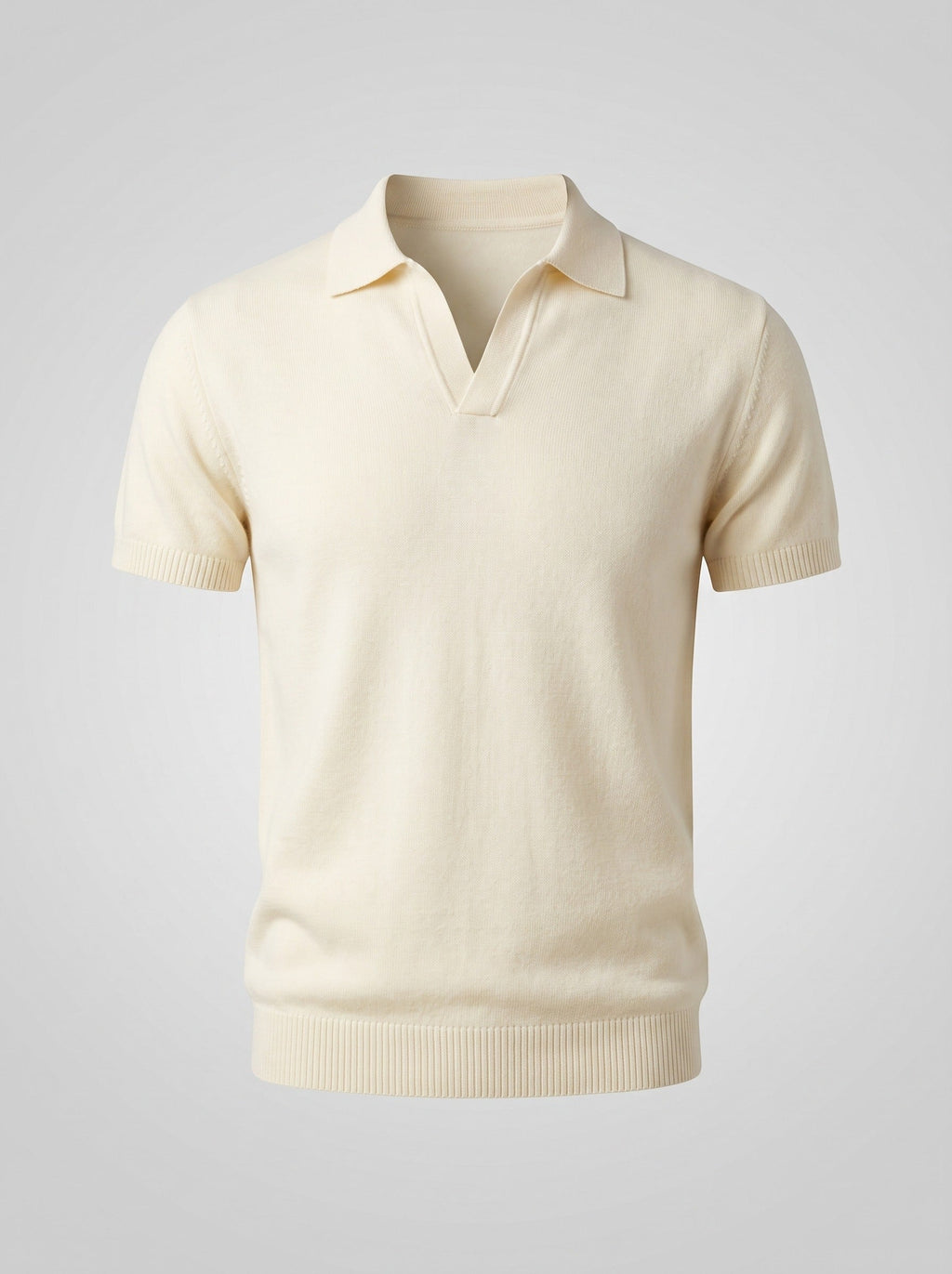 The Plain Hour ecru knit polo shown flat, open V placket with no buttons and ribbed cuffs and hem