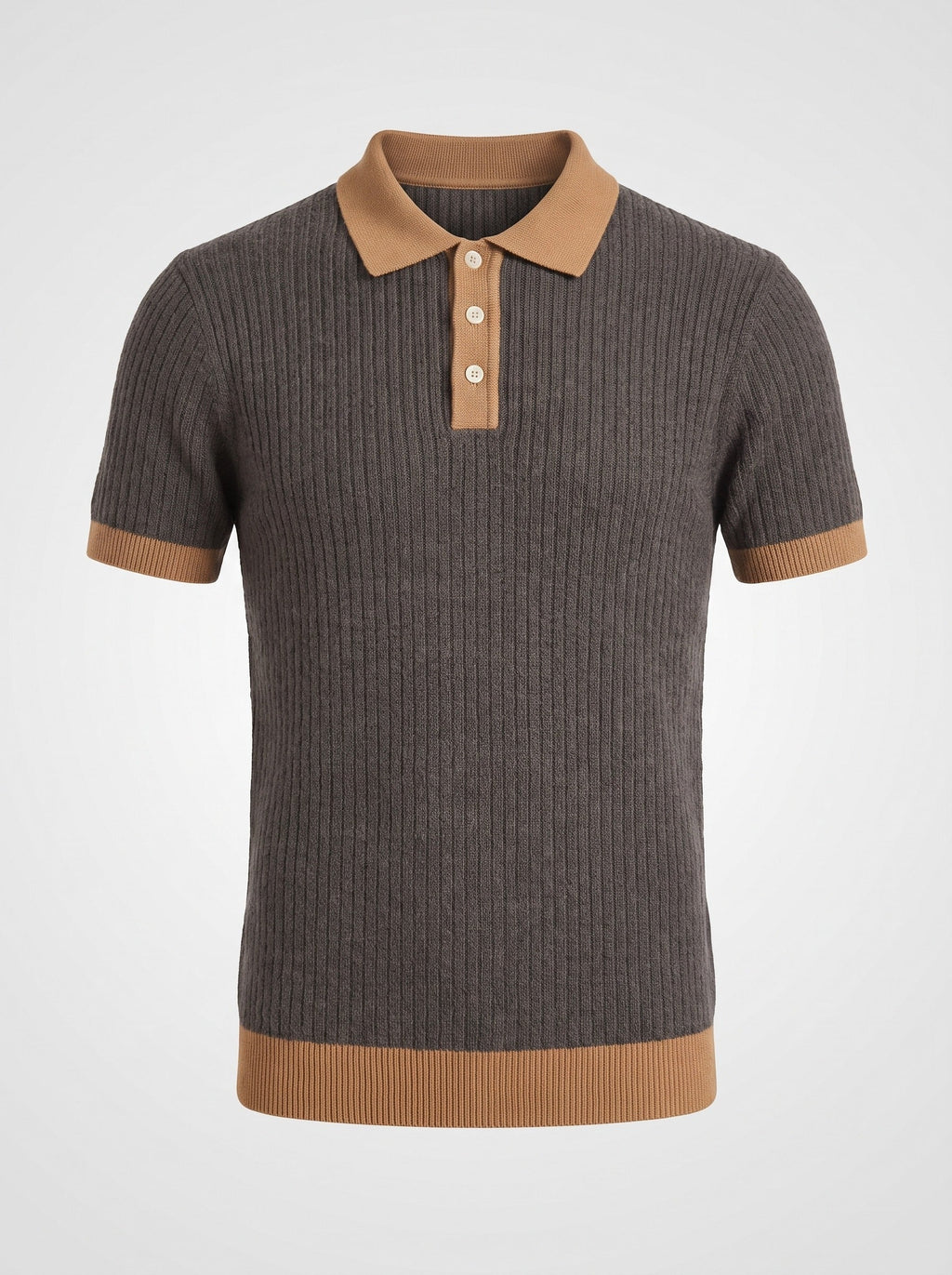 The Smoke Room charcoal ribbed knit polo shown front on, contrast camel collar, placket, cuffs and hem