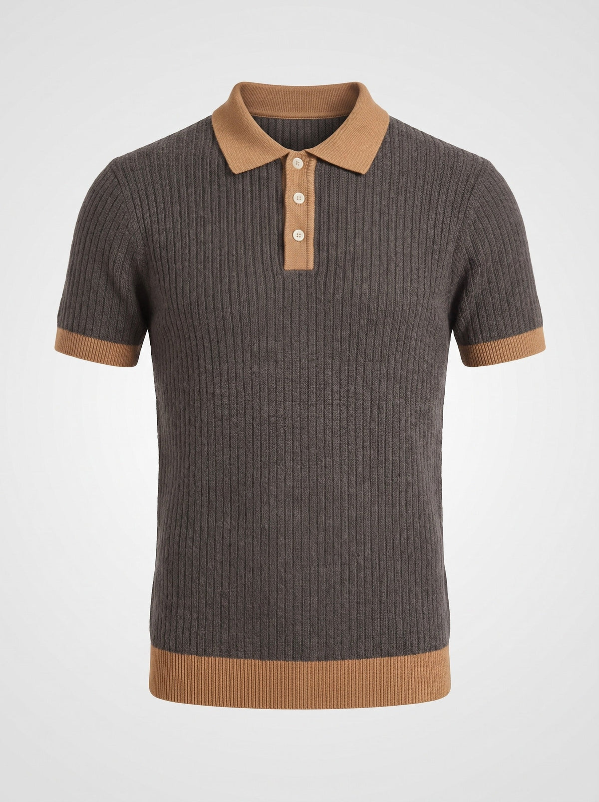 The Smoke Room charcoal ribbed knit polo shown front on, contrast camel collar, placket, cuffs and hem